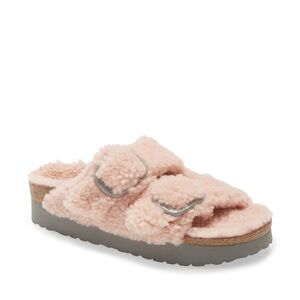 Birkenstock Papillio Arizona Big Buckle Shearling Slide Sandal Teddy Pink